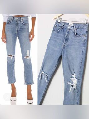 AGOLDE Light Blue Riley Crop Distressed High-Rise Jeans